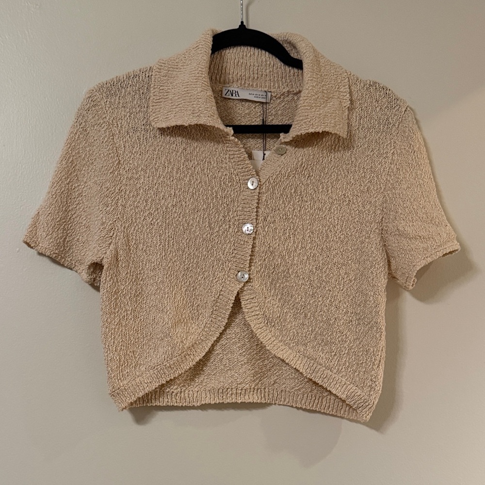Zara Women's Beige Woven Knit Button-Down Crop Shirt